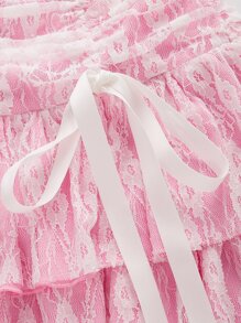 SHEIN MOD Falda con encaje con nudo delantero fruncido de dos capas bajo - Rosa - Ver 3