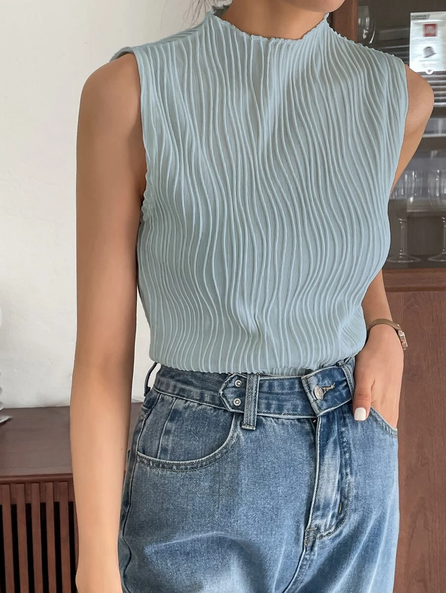 DAZY Stand Neck Solid Tank Top - Mint Blue - View 1