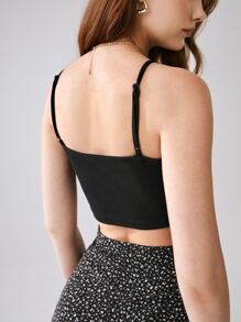 SHEIN Frenchy Áo hai dây xoắn lại Gân đan màu trơn Gợi cảm - màu đen - Xem 2