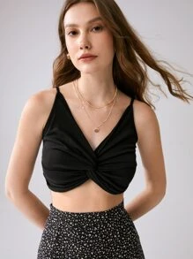 SHEIN Frenchy Áo hai dây xoắn lại Gân đan màu trơn Gợi cảm - màu đen - Xem 3