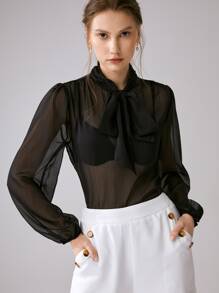 SHEIN Frenchy 繫帶領燈籠袖襯衫不附胸罩 - 黑色 - 查看 1