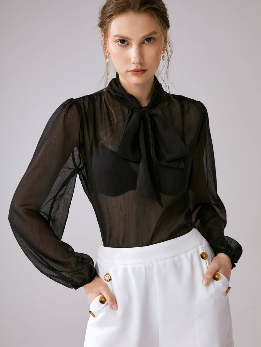 SHEIN Frenchy 繫帶領燈籠袖襯衫不附胸罩 - 黑色 - 查看 1
