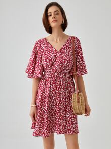 SHEIN Frenchy Đầm Buộc lại Trọn gói Hoa Tất cả trên in Boho - Đỏ và trắng - Xem 1