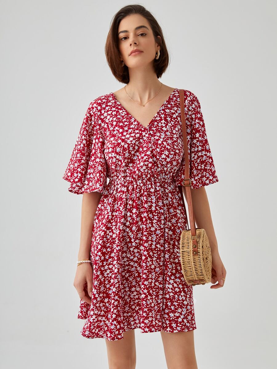 SHEIN Frenchy Đầm Buộc lại Trọn gói Hoa Tất cả trên in Boho - Đỏ và trắng - Xem 1