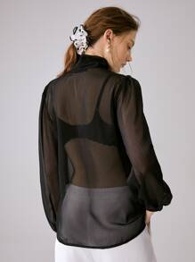 SHEIN Frenchy 繫帶領燈籠袖襯衫不附胸罩 - 黑色 - 查看 2