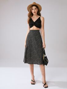 SHEIN Frenchy Áo hai dây xoắn lại Gân đan màu trơn Gợi cảm - màu đen - Xem 6