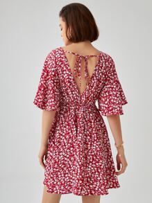 SHEIN Frenchy Đầm Buộc lại Trọn gói Hoa Tất cả trên in Boho - Đỏ và trắng - Xem 2
