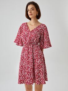 SHEIN Frenchy Đầm Buộc lại Trọn gói Hoa Tất cả trên in Boho - Đỏ và trắng - Xem 3