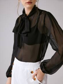SHEIN Frenchy 繫帶領燈籠袖襯衫不附胸罩 - 黑色 - 查看 5