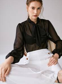 SHEIN Frenchy 繫帶領燈籠袖襯衫不附胸罩 - 黑色 - 查看 6
