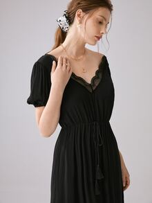 SHEIN Đầm Lộ Lưng Tương phản ren màu trơn Giải trí - màu đen - Xem 4
