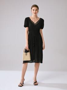 SHEIN Đầm Lộ Lưng Tương phản ren màu trơn Giải trí - màu đen - Xem 5