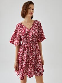 SHEIN Frenchy Đầm Buộc lại Trọn gói Hoa Tất cả trên in Boho - Đỏ và trắng - Xem 5