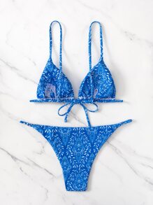 Summer Plant Print Bikini Set Triangle Bra & Cheeky Bottom 2 Pieces Bathing Suit - Blue and White - View 2