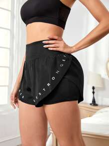 Easithlete Letter Graphic Wideband Waist 2 In 1 Sports Shorts - Black - View 1