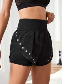 Easithlete Letter Graphic Wideband Waist 2 In 1 Sports Shorts - Black - View 5