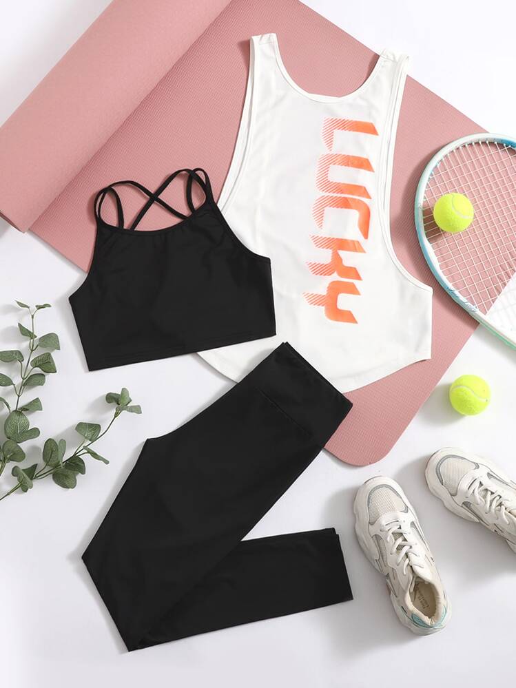 SHEIN Running 3入組柔軟後背十字交叉運動套裝 - 黑與白 - 查看 1