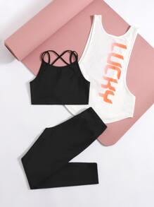 SHEIN Running 3入組柔軟後背十字交叉運動套裝 - 黑與白 - 查看 3