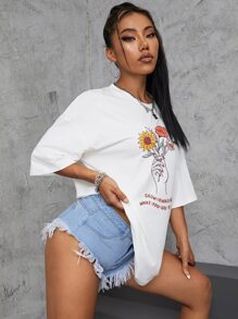 SHEIN EZwear Slogan & Floral Graphic T-Shirt - White - View 4