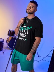 Manfinity Men Plus Expression & Letter Graphic Tee & Shorts - Multicolor - View 5