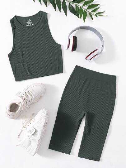 Crop Ribbed Tank Top & Biker Shorts Sports Set Workout Women Set