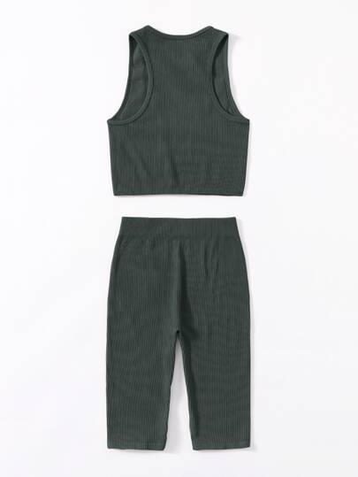 Crop Ribbed Tank Top & Biker Shorts Sports Set Workout Women Set