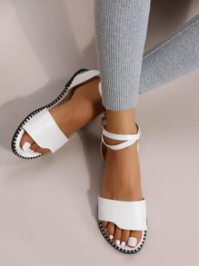 休閒戶外舒適涼鞋適用於女士珍珠裝飾素色人造皮革露趾交叉踝帶平底涼鞋 - 白色 - 查看 7