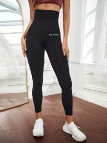 Yoga Basic High Waist Letter Pattern Sports Leggings - Black - View 4
