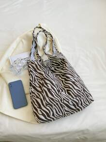 Zebra Striped Shopper Bag Medium Double Handle Portable - Brown - View 3