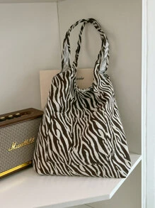 Zebra Striped Shopper Bag Medium Double Handle Portable - Brown - View 2