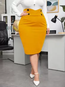 SHEIN Privé Plus Solid Button Detail Bodycon Skirt - Yellow - View 2