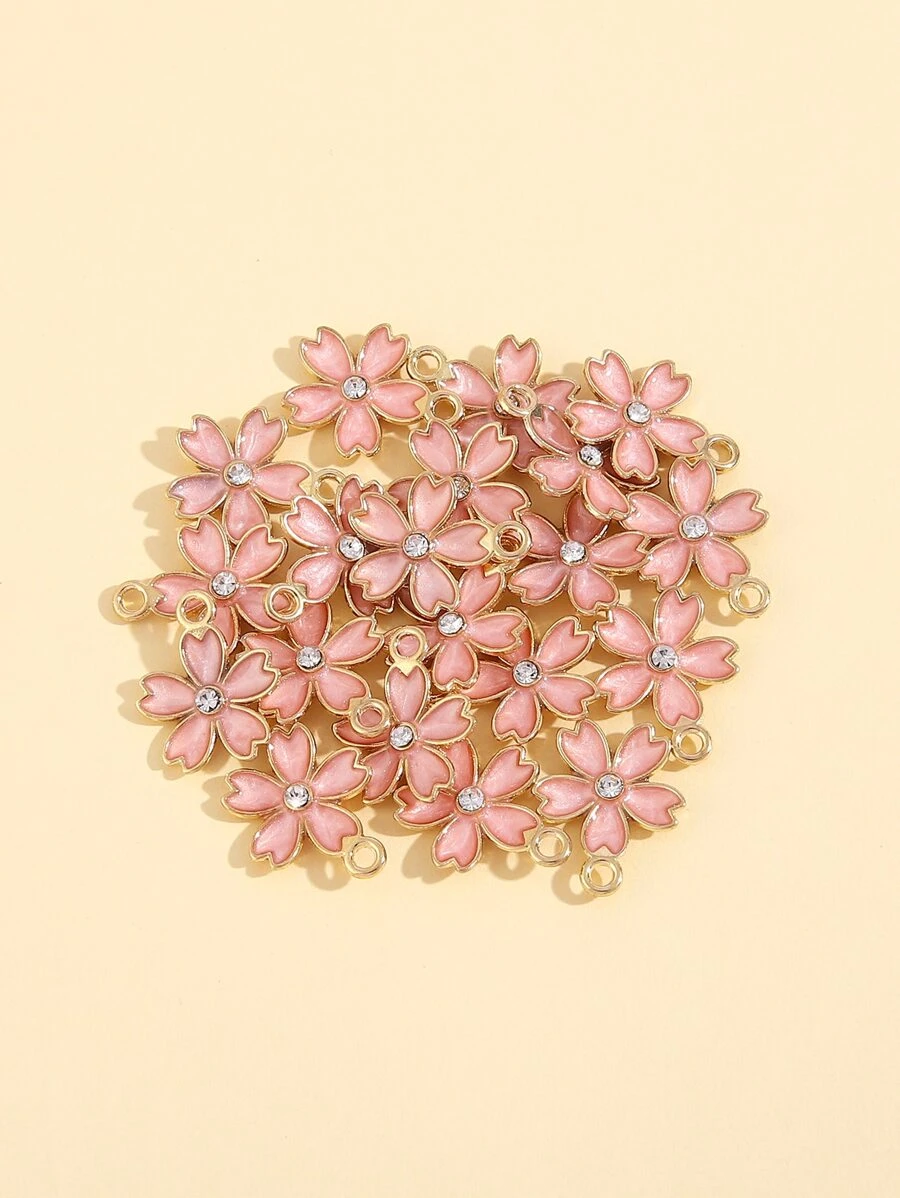 20 cuentas en forma de flor de cerezo de aleación de zinc 3D de moda cubiertas con gota de aceite y diamantes de imitación para pendientes, collares, llaveros o fabricación de joyas DIY - Rosa - Ver 1