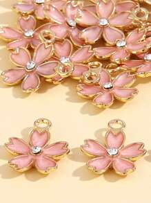 20 cuentas en forma de flor de cerezo de aleación de zinc 3D de moda cubiertas con gota de aceite y diamantes de imitación para pendientes, collares, llaveros o fabricación de joyas DIY - Rosa - Ver 4