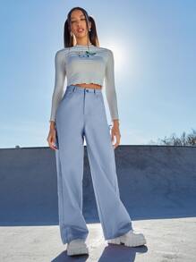 SHEIN EZwear Quần nữ Nút Túi Dây kéo màu trơn Giải trí - Màu xanh nhạt - Xem 3