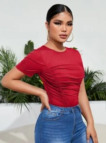 SHEIN SXY Áo thun nữ Xù màu trơn Giải trí - Đỏ - Xem 5