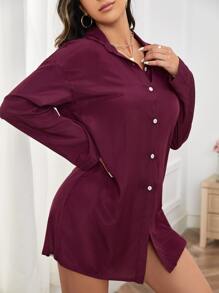 Eyelash Lace Panel Button Front Night Dress Without Panty - Purple - View 5