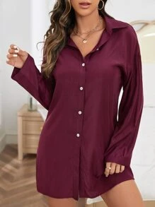 Eyelash Lace Panel Button Front Night Dress Without Panty - Purple - View 2