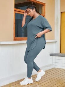 SHEIN EZwear 大碼素色落肩袖華夫格編織上衣和緊身褲 - 霧霾藍 - 查看 3