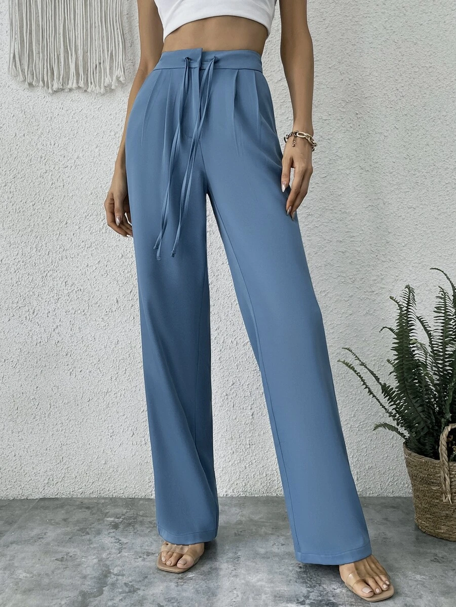 Pantalones rectos de talle alto con cordón - Neblina azul - Ver 1