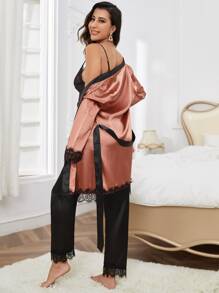 Contrast Eyelash Lace Trim Belted Satin Robe & Cami Top And Trousers PJ Set - Multicolor - View 3