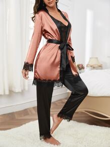 Contrast Eyelash Lace Trim Belted Satin Robe & Cami Top And Trousers PJ Set - Multicolor - View 4