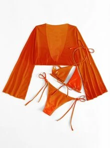 SHEIN Swim 夏季沙灘綁帶連體比基尼搭配和服，泳裝 - 橘色 - 查看 2