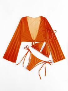 SHEIN Swim 夏季沙灘綁帶連體比基尼搭配和服，泳裝 - 橘色 - 查看 3