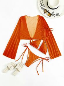 SHEIN Swim 夏季沙灘綁帶連體比基尼搭配和服，泳裝 - 橘色 - 查看 4