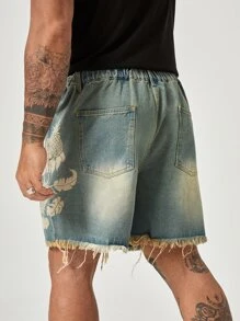 GENTILAND Hombres Shorts en mezclilla con estampado de piña desgarro ribete crudo - Lavado ligero - Ver 3