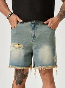 GENTILAND Hombres Shorts en mezclilla con estampado de piña desgarro ribete crudo - Lavado ligero - Ver 1