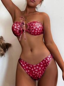 Floral Print Bandeau Bikini - Red - View 3