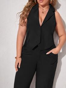 SHEIN Privé 大碼馬甲西裝外套和闊腿褲套裝套裝 - 黑色 - 查看 3