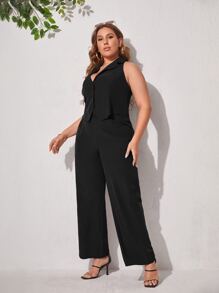 SHEIN Privé 大碼馬甲西裝外套和闊腿褲套裝套裝 - 黑色 - 查看 4