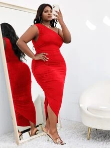 Slaydiva 大碼單肩褶邊不對稱緊身洋裝 - 紅色 - 查看 1